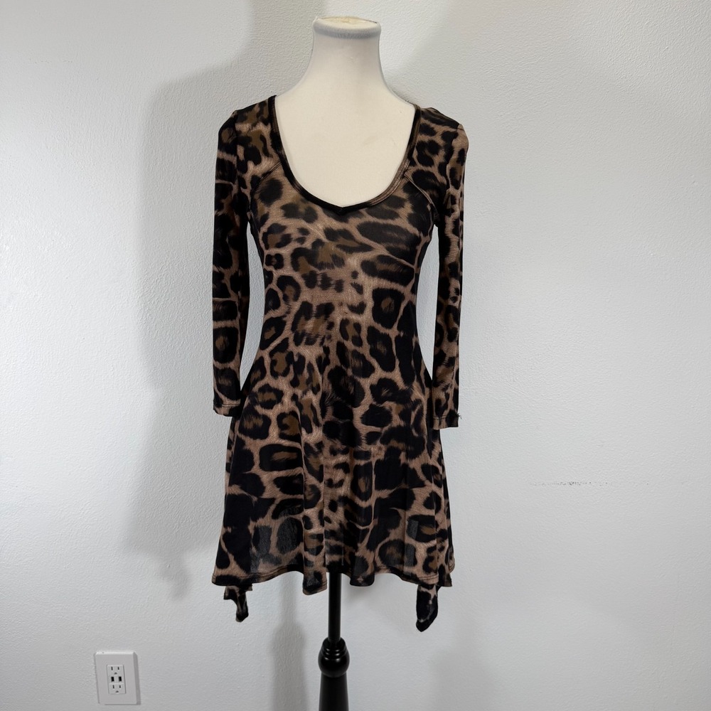 Karen Kane Leapard Print‎ Sheer Mesh Asymmetric Flare Long Sleeve Mini Dress XS